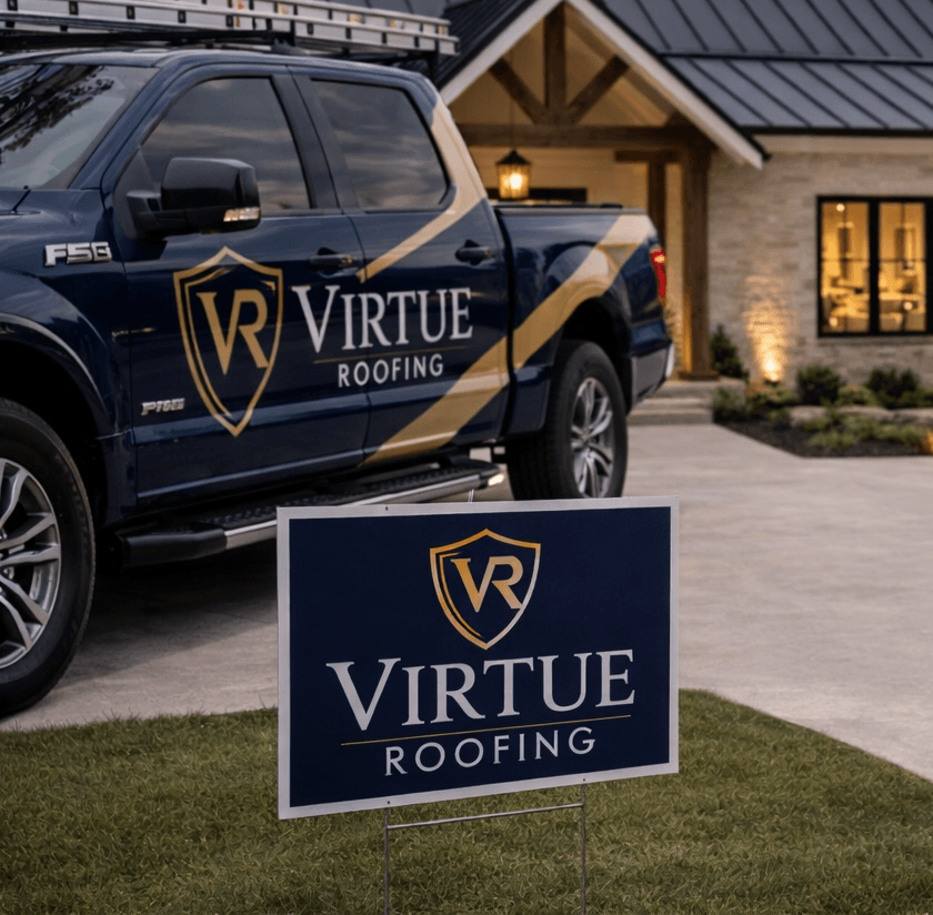 A Virtue Roofing team member next to a marked work truck