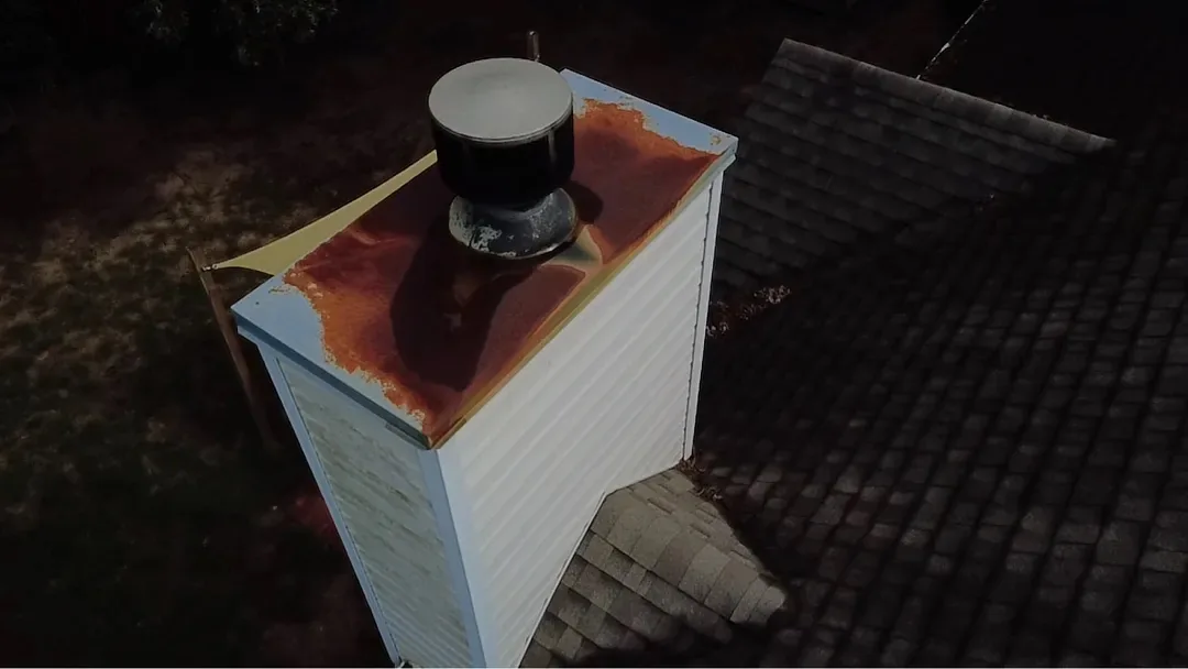 Close view of a sided chimney chase before repair, its metal top pan rusted through around the flue cap.
