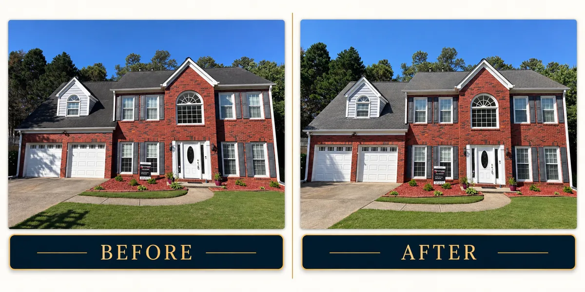 Side-by-side before and after of a roof soft wash on a two-storey brick home: dark algae streaks across the shingles before, an even clean roof after.