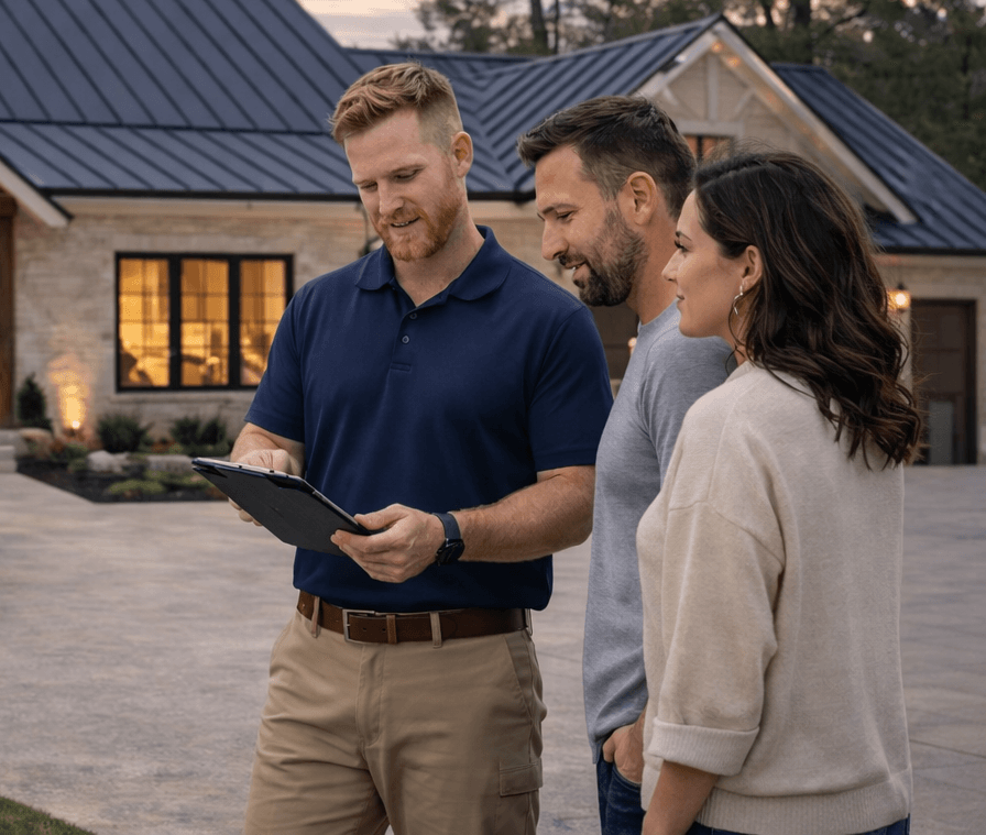 A Virtue Roofing consultation with homeowners outside their home