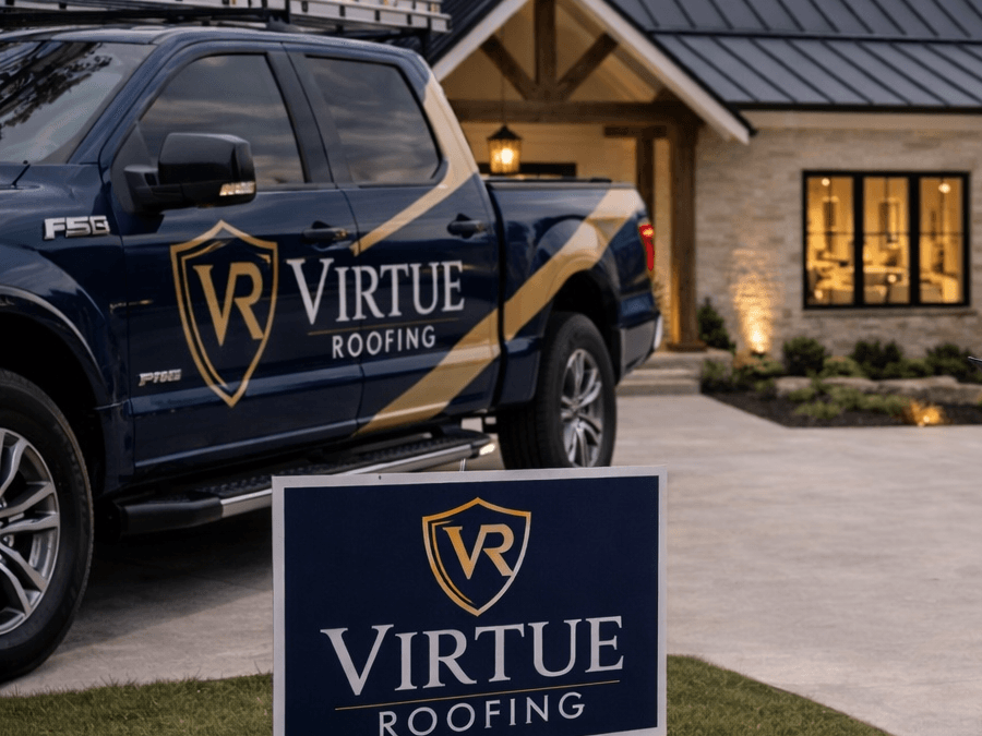 A Virtue Roofing work truck parked at a residential job site